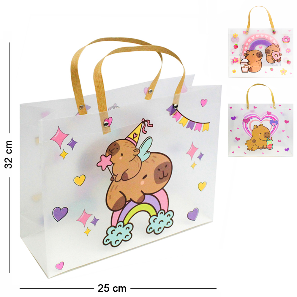 BOLSA SACOLA DE PLASTICO PARA PRESENTE TRANSPARENTE CAPIVARA M 32X25X11CM