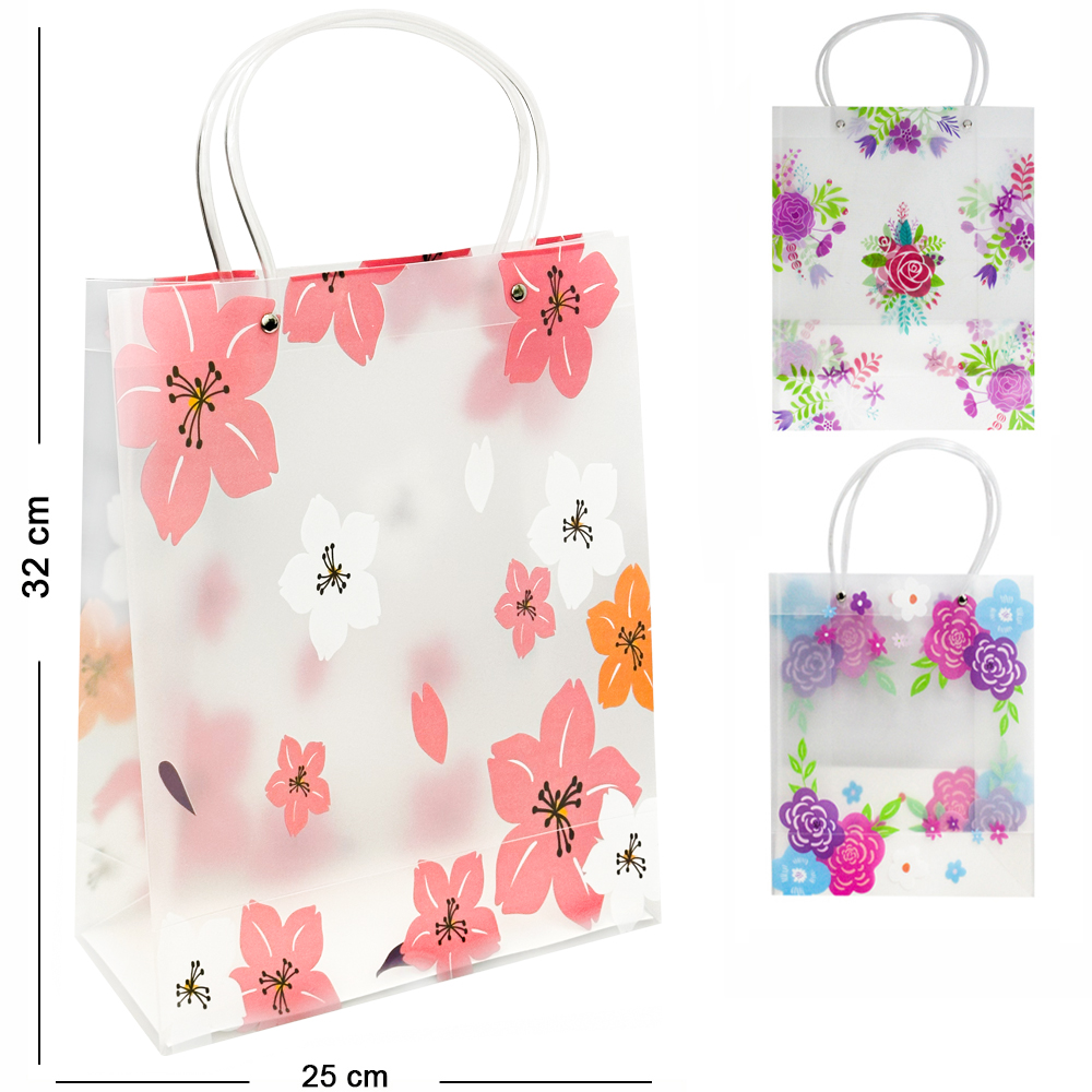 BOLSA SACOLA DE PLASTICO PARA PRESENTE TRANSPARENTE FLORAL G 32X25X11CM