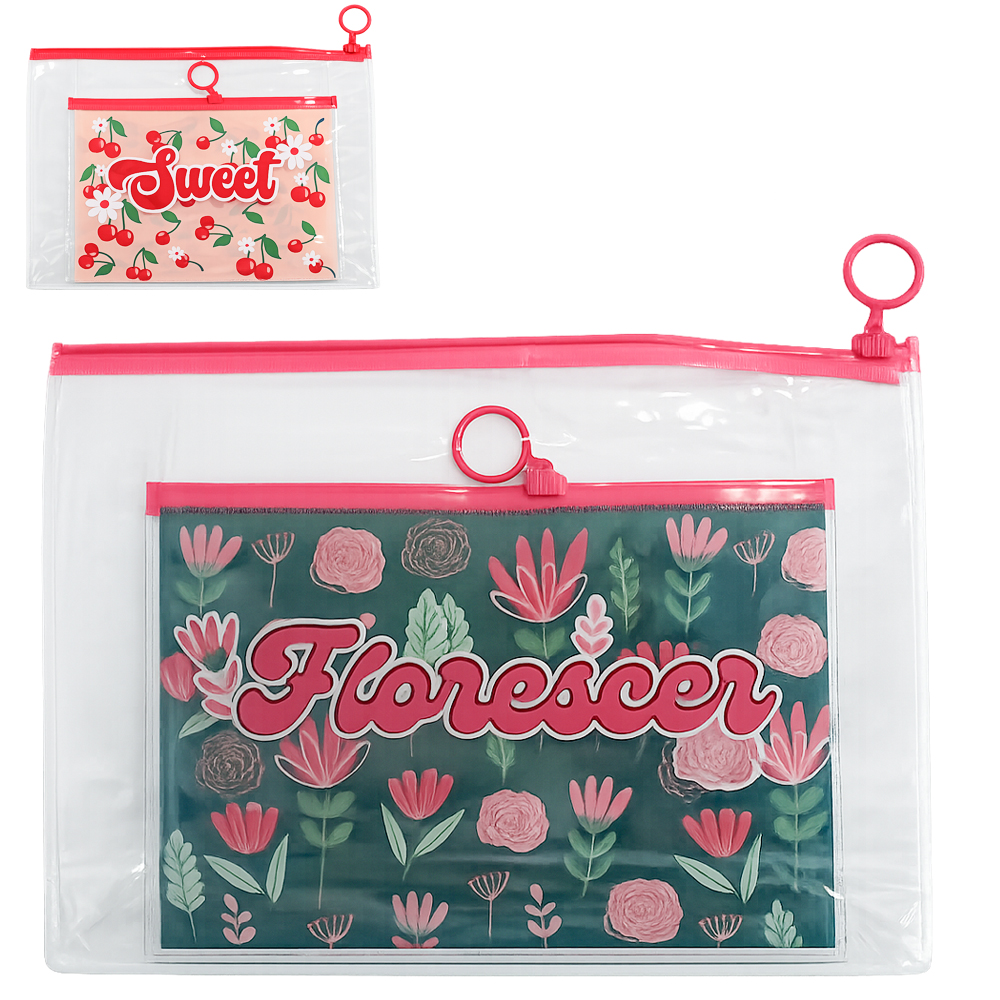 NECESSAIRE DE PVC RETANGULAR FEMININA COM ALCA VERSY 2 PECAS 25,5X19X7,5CM / 19,7X14CM