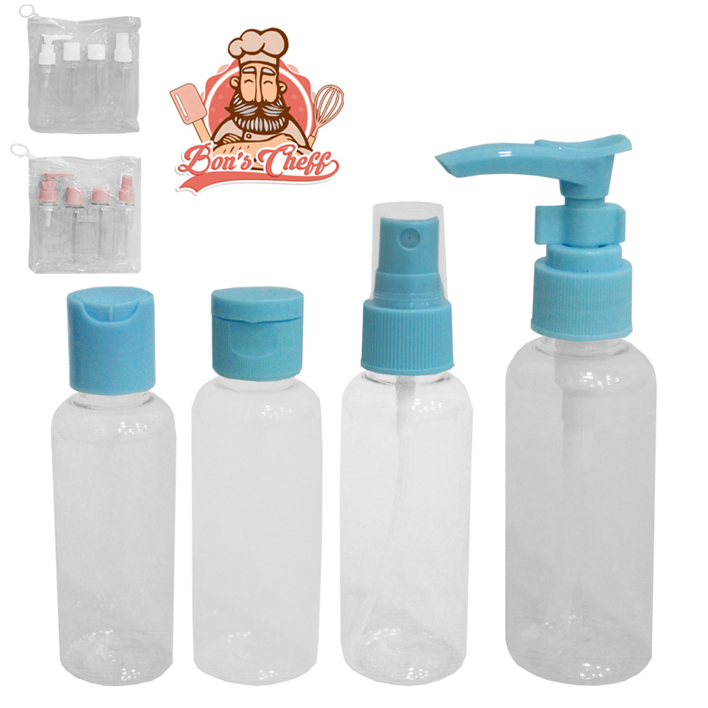 KIT FRASCO DE PLASTICO PET PARA VIAGEM COM 4 PECAS 62ML NA BOLSA