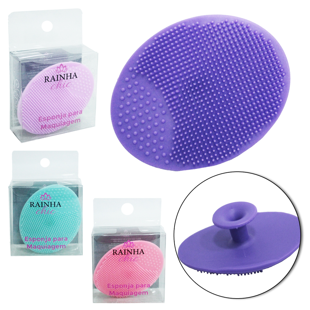 ESPONJA DE LIMPEZA FACIAL DE SILICONE OVAL COM VENTOSA RAINHA CHIC 6,5X5X2CM