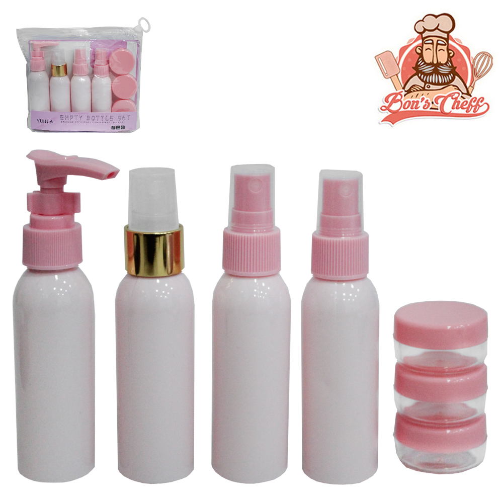 KIT FRASCO DE PLASTICO PET PARA VIAGEM + MINI POTE 7 PECAS NA BOLSA