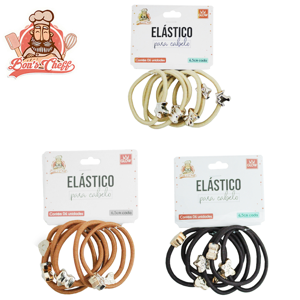 KIT ACESSORIOS PARA CABELO ELASTICO / RABICO COM PINGENTE 6 PECAS 6,5CM DE Ø