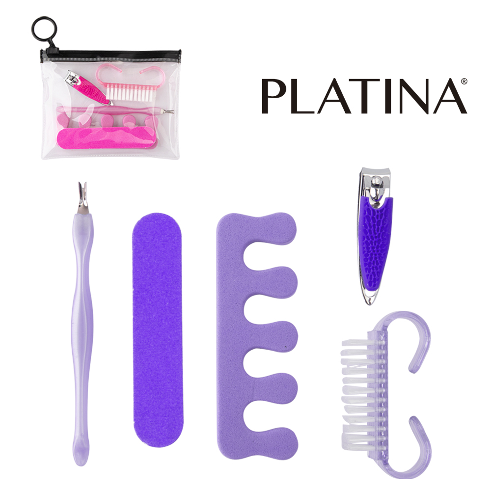 KIT MANICURE / PEDICURE COM CORTADOR UNHA EMBORRACHADO / ESPATULA CUTICULA / ESCOVA UNHA / LIXA / SEPARADOR DEDO PLATINA