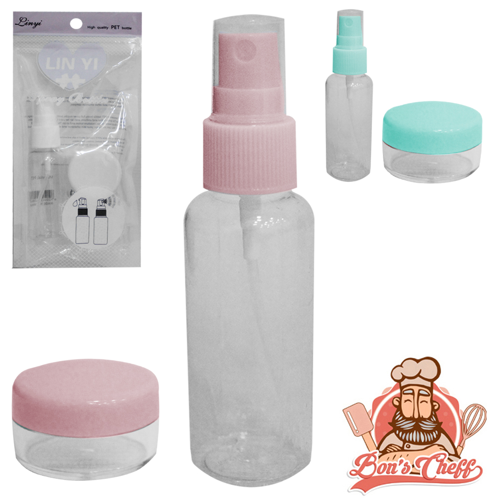 KIT FRASCO DE PLASTICO PET PARA VIAGEM + MINI POTE PORTA CREME 25 / 10ML