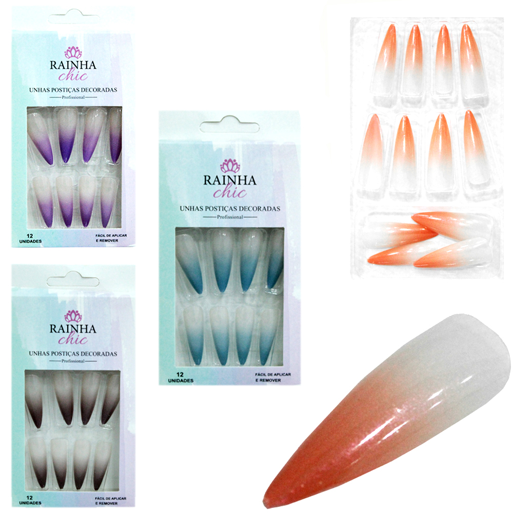 KIT DE UNHAS POSTICAS STILETTO DECORADAS PROFISSIONAL PARA MAOS RAINHA CHIC COM 12 PECAS 