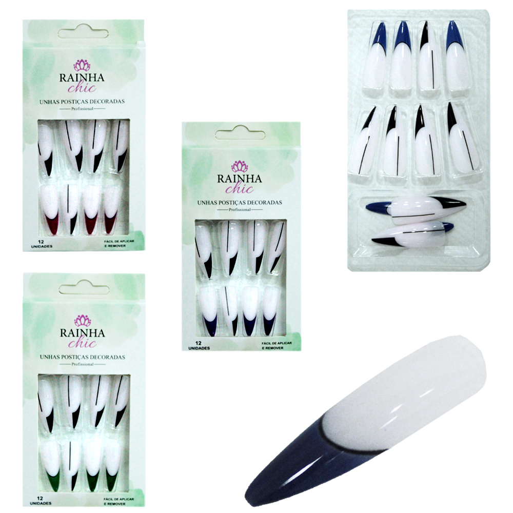 KIT DE UNHAS POSTICAS STILETTO DECORADAS PROFISSIONAL PARA MAOS RAINHA CHIC COM 12 PECAS 