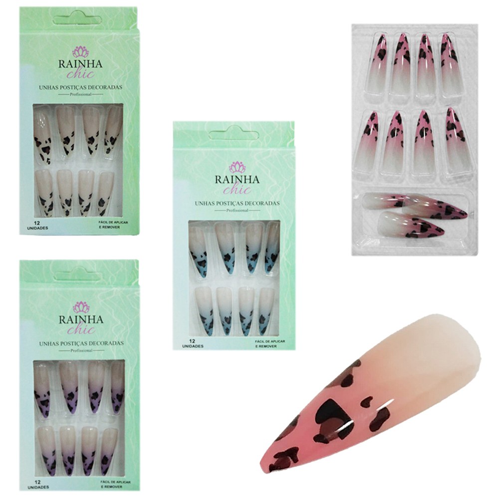 KIT DE UNHAS POSTICAS STILETTO DECORADAS PROFISSIONAL PARA MAOS RAINHA CHIC COM 12 PECAS  