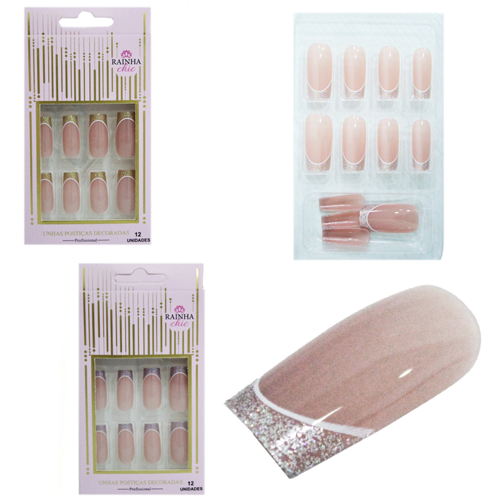 KIT DE UNHAS POSTICAS BAILARINA DECORADAS PROFISSIONAL PARA MAOS RAINHA CHIC COM 12 PECAS