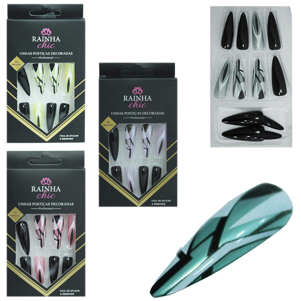 KIT DE UNHAS POSTICAS STILETTO DECORADAS PROFISSIONAL PARA MAOS RAINHA CHIC COM 12 PECAS 