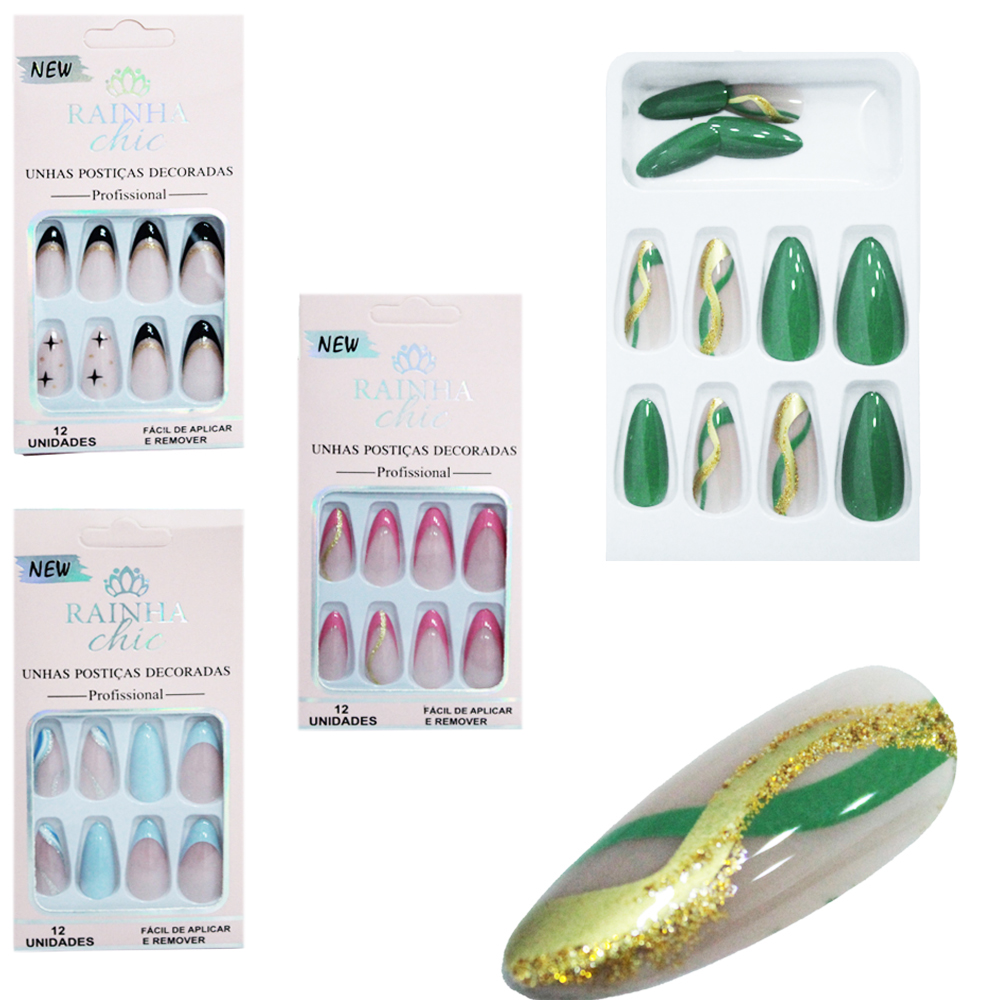 KIT DE UNHAS POSTICAS ALMOND DECORADAS PROFISSIONAL PARA MAOS RAINHA CHIC COM 12 PECAS 