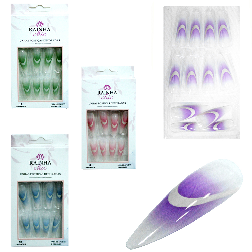 KIT DE UNHAS POSTICAS STILETTO DECORADAS PROFISSIONAL PARA MAOS RAINHA CHIC COM 12 PECAS 