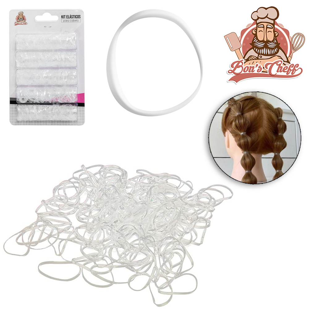 KIT ACESSORIOS PARA CABELO ELASTICO / RABICO DE SILICONE TRANSPARENTE 30 GR 2CM DE Ø