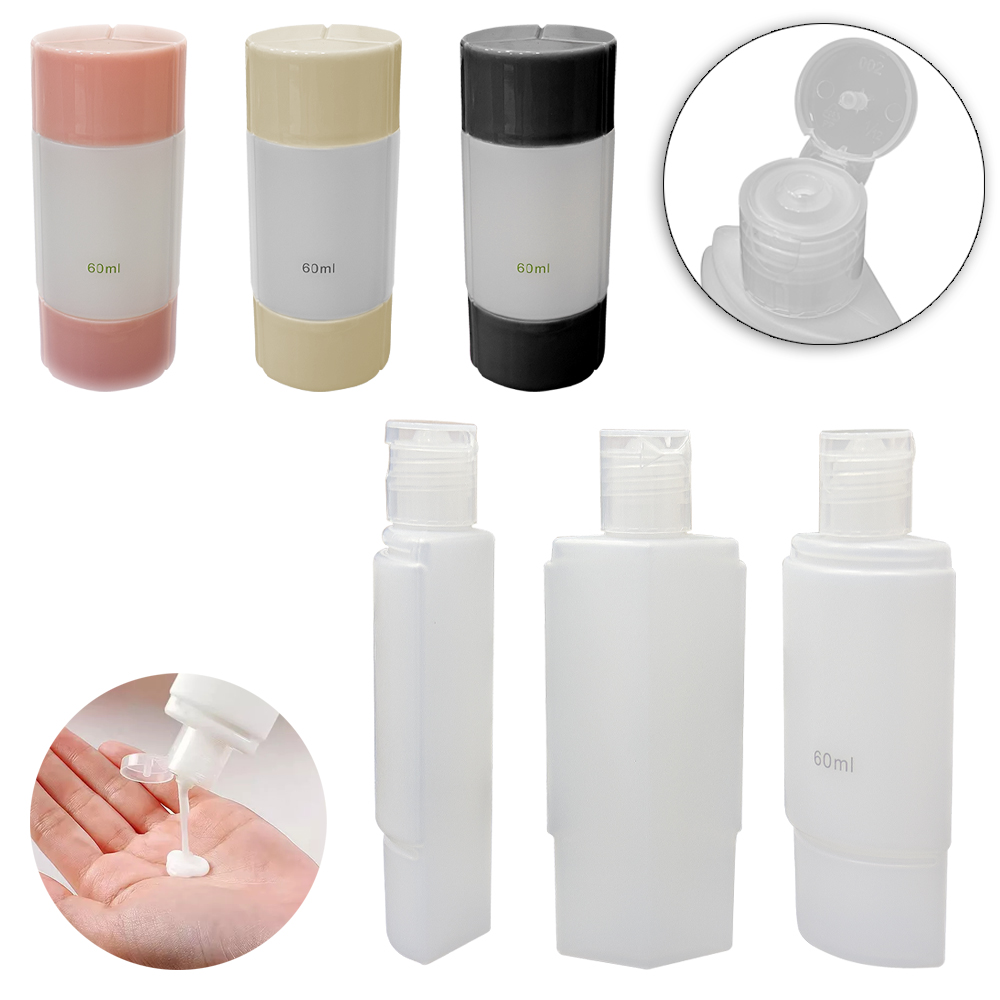 KIT DE FRASCOS FLIP TOP DE PLASTICO PARA VIAGEM 3 EM 1 COM TAMPA 60ML