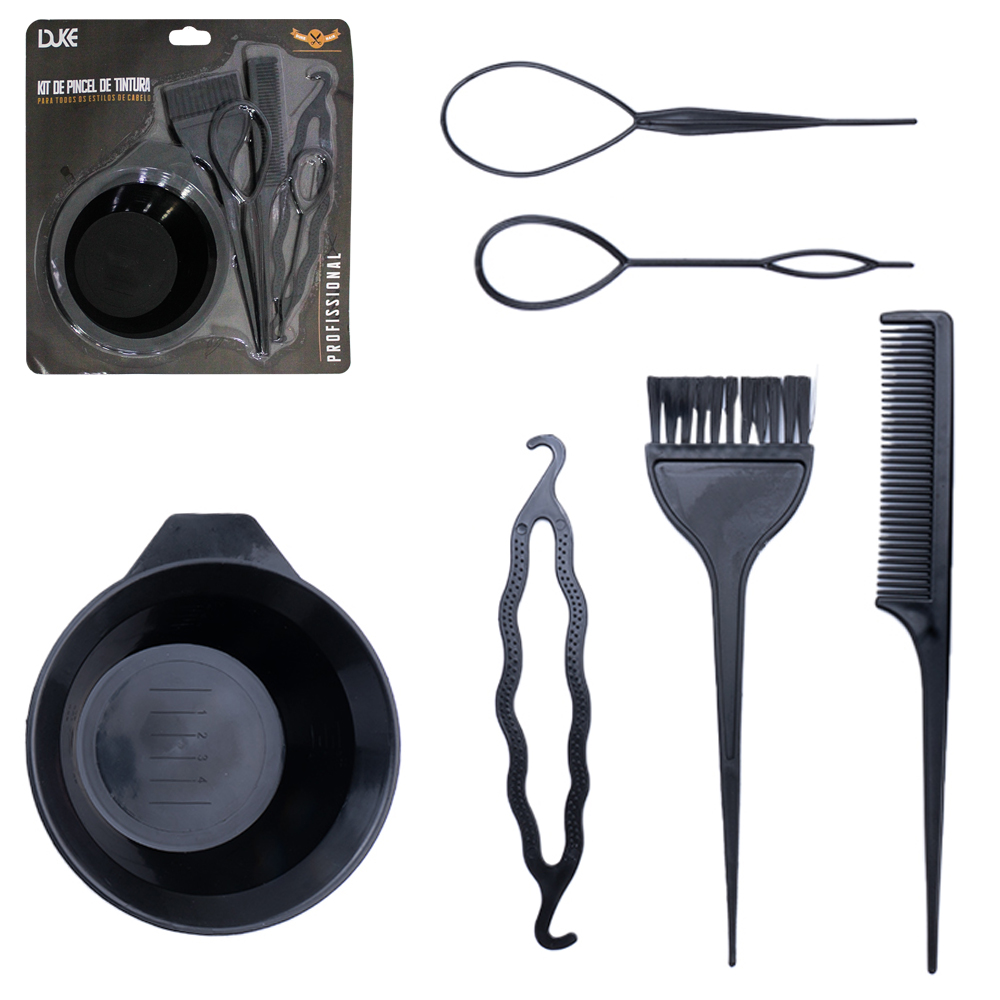 KIT TINTURA PARA CABELO COM POTE + PINCEL E ACESSORIOS PROFISSIONAL DUKE HAIR 6 PECAS