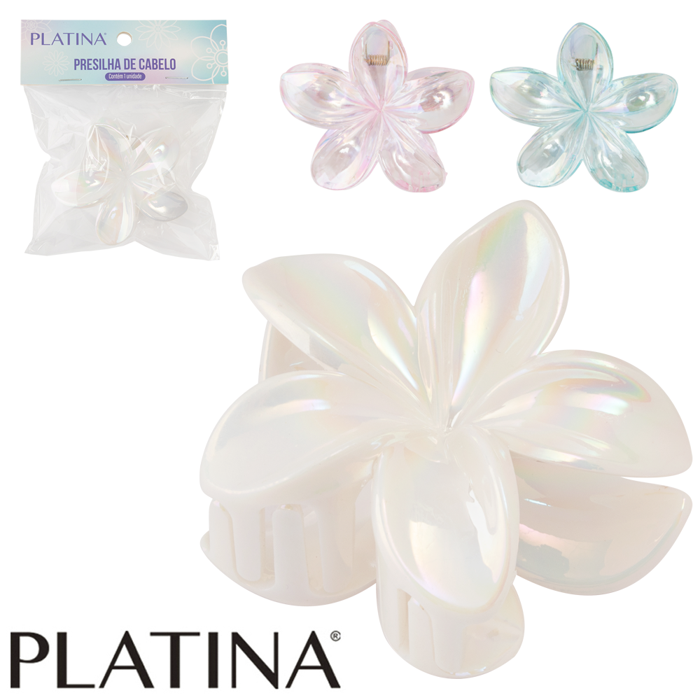 ACESSORIO PARA CABELO PIRANHA FLOR CINTILANTE PLATINA 7,8X7X4CM