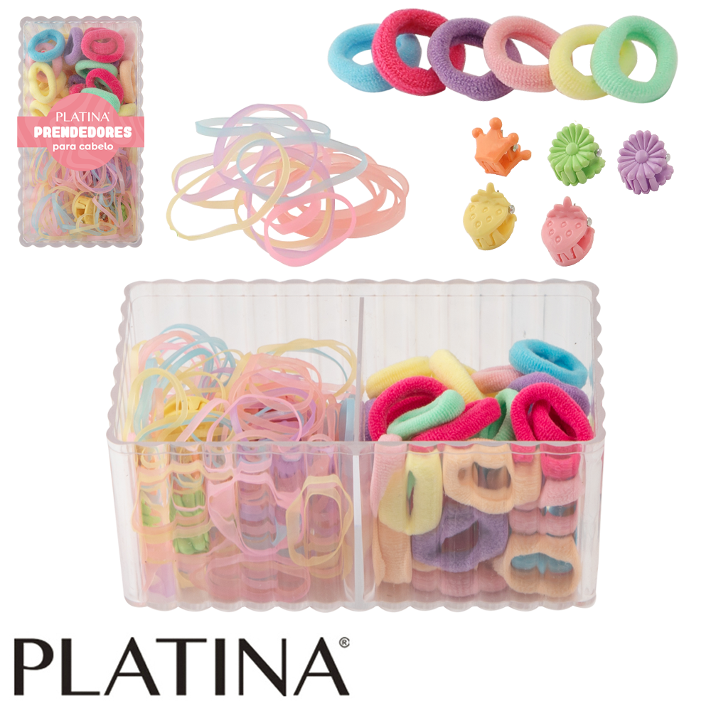 KIT ACESSORIOS PARA CABELO ELASTICO / RABICO PLATINA COM 70 PECAS NO ESTOJO