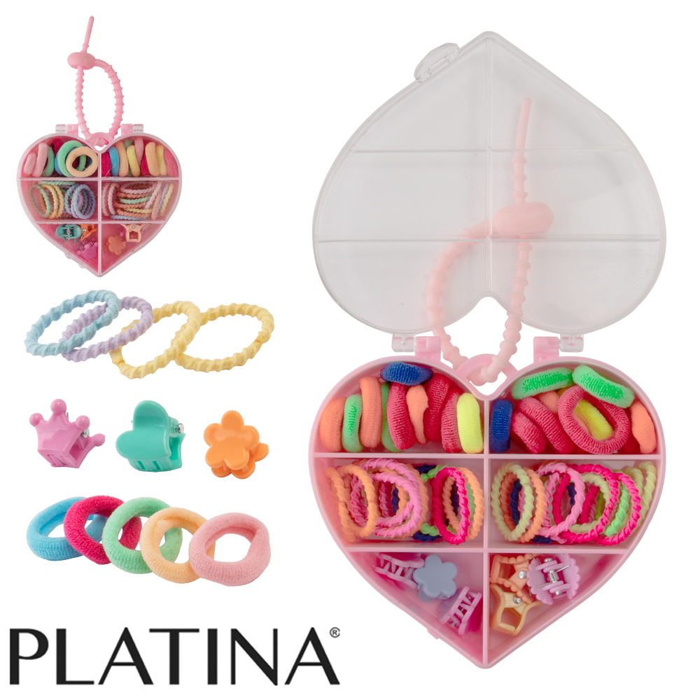 KIT ACESSORIOS PARA CABELO ELASTICO / RABICO + MINI PIRANHA 50 PECAS NO ESTOJO CORACAO