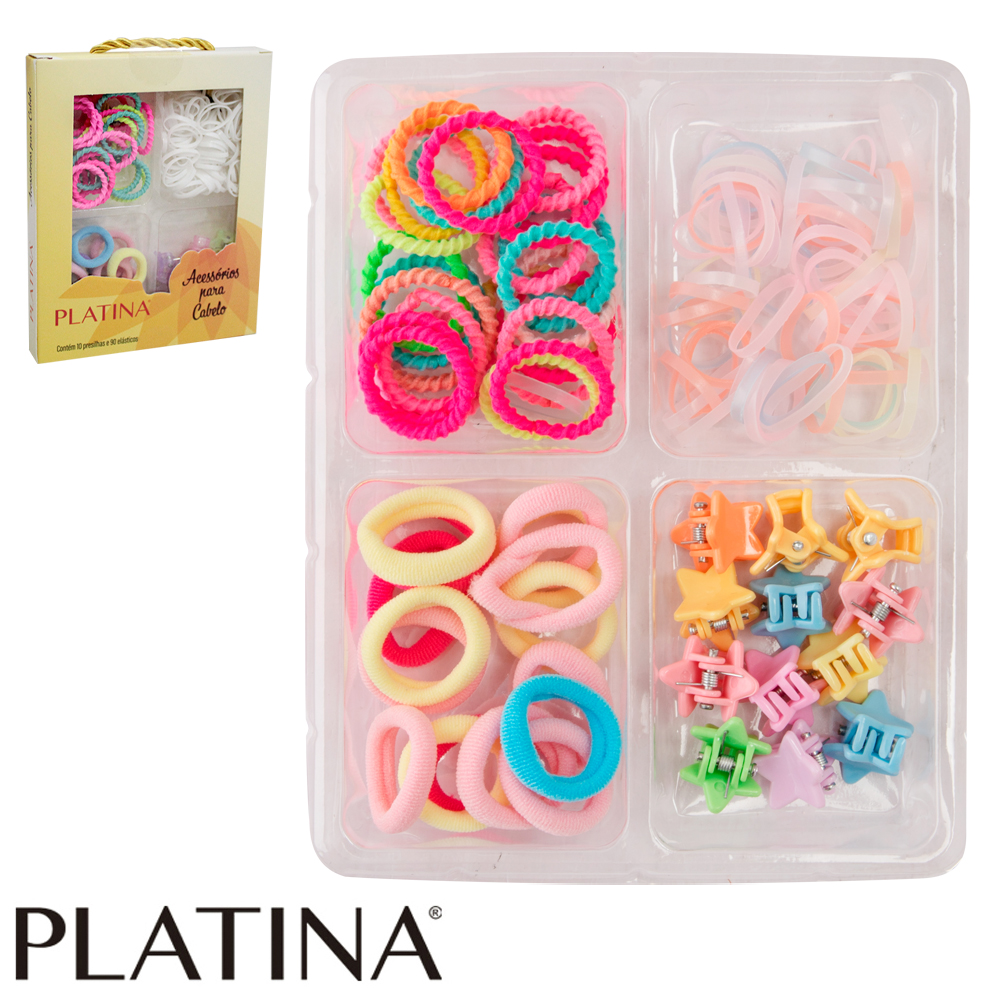 KIT ACESSORIOS PARA CABELO ELASTICO / RABICO + MINI PIRANHA PLATINA 100 PECAS