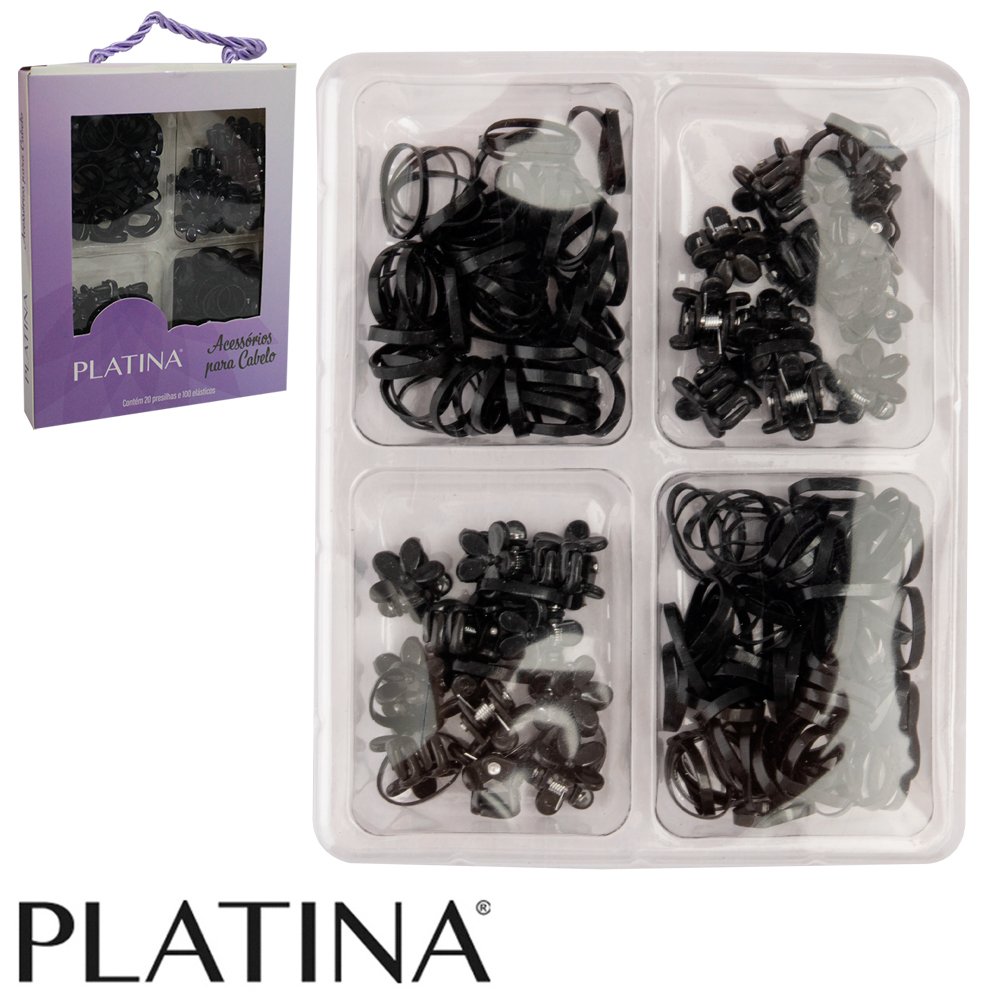 KIT ACESSORIOS PARA CABELO ELASTICO / RABICO + MINI PIRANHA PLATINA 120 PECAS