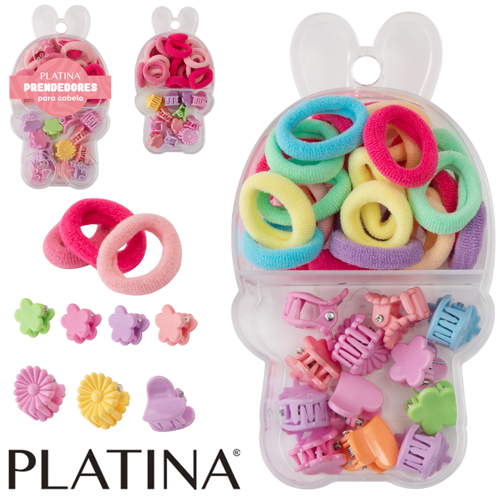 KIT ACESSORIOS PARA CABELO ELASTICO / RABICO + MINI PIRANHA PLATINA COM 30 PECAS NO ESTOJO COELHO