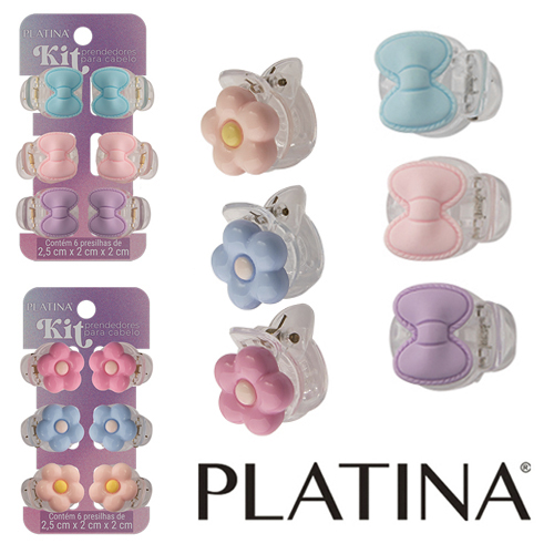 KIT ACESSORIOS PARA CABELO MINI PIRANHA FLOR / LACO PLATINA COM 6 PECAS 2,5X2X2CM