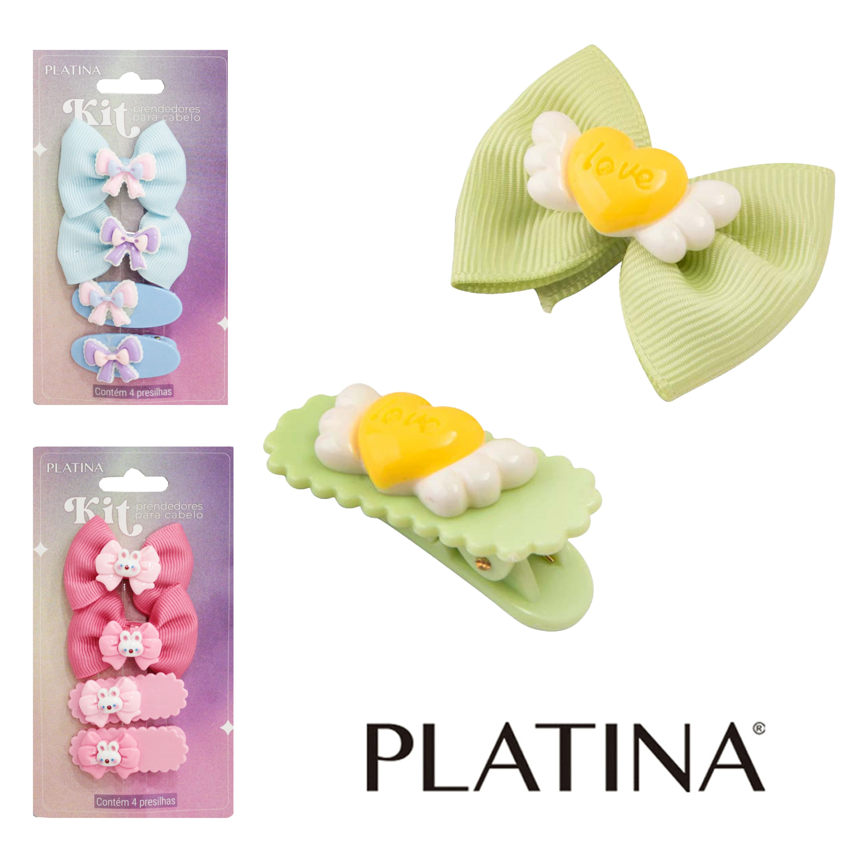 KIT ACESSORIOS PARA CABELO PRESILHA LACO PLATINA COM 4 PECAS