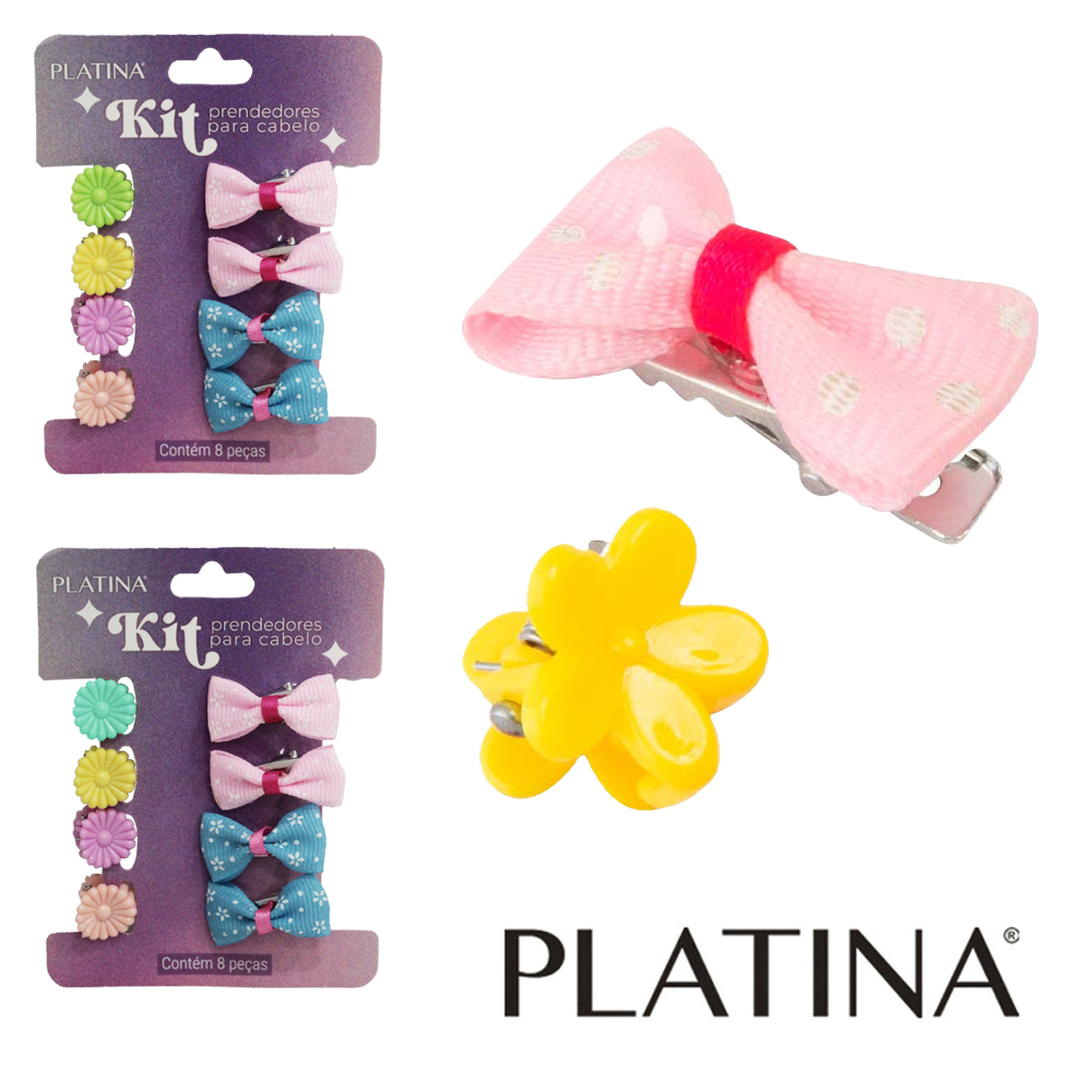 KIT ACESSORIOS PARA CABELO PRESILHA LACO + MINI PIRANHA PLATINA COM 8 PECAS