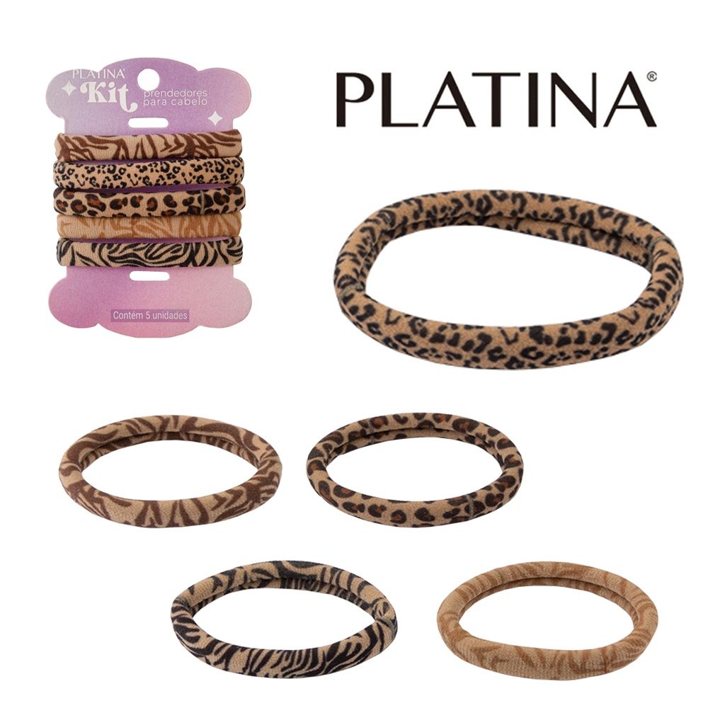 KIT ACESSORIOS PARA CABELO ELASTICO / RABICO PLATINA COM 5 PECAS 5CM DE Ø