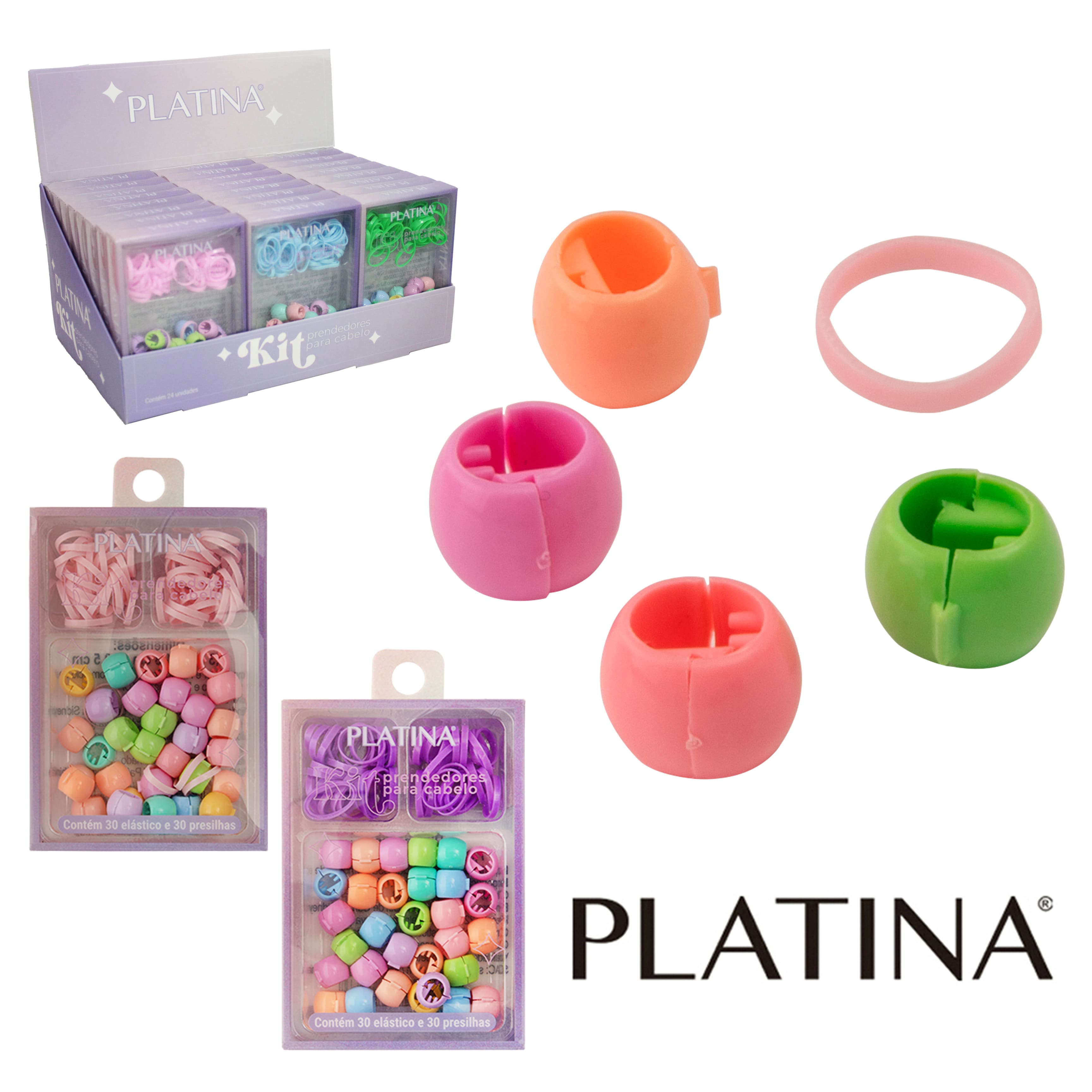 KIT ACESSORIOS PARA CABELO ELASTICO / RABICO DE SILICONE + PRESILHA PLATINA 60 PECAS DP PLAY
