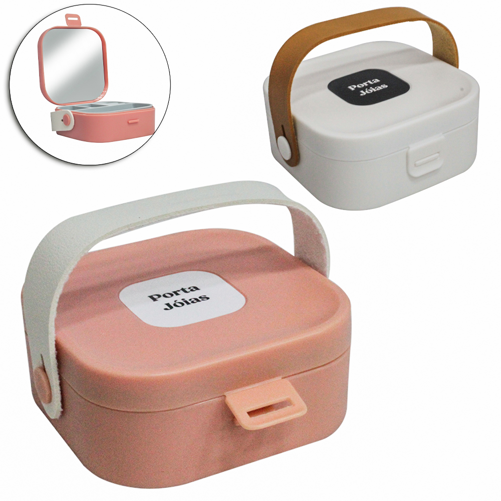 ESTOJO PORTA JOIAS DE PLASTICO / SILICONE QUADRADO COM ESPELHO + 3 DIVISORIAS E ALCA 9X4CM