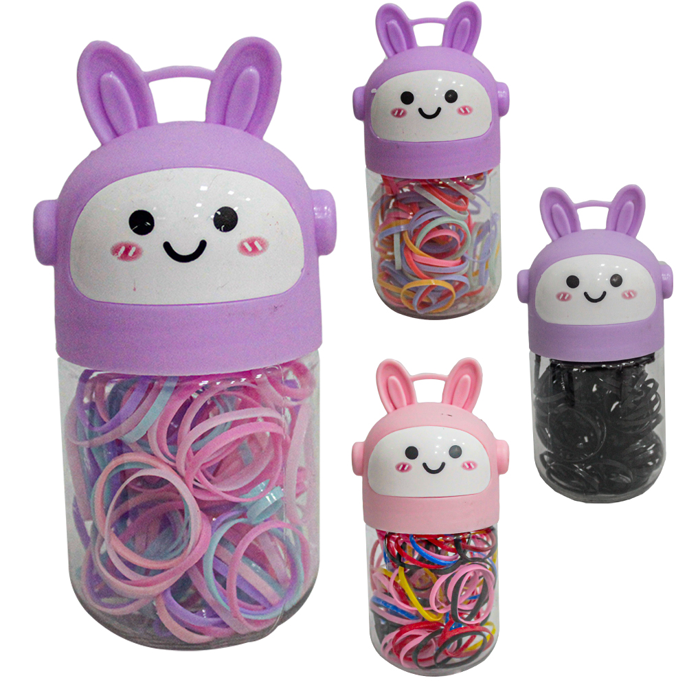 KIT ACESSORIOS PARA CABELO ELASTICO / RABICO DE SILICONE COM 150 PECAS 2CM DE Ø NO POTE COELHO