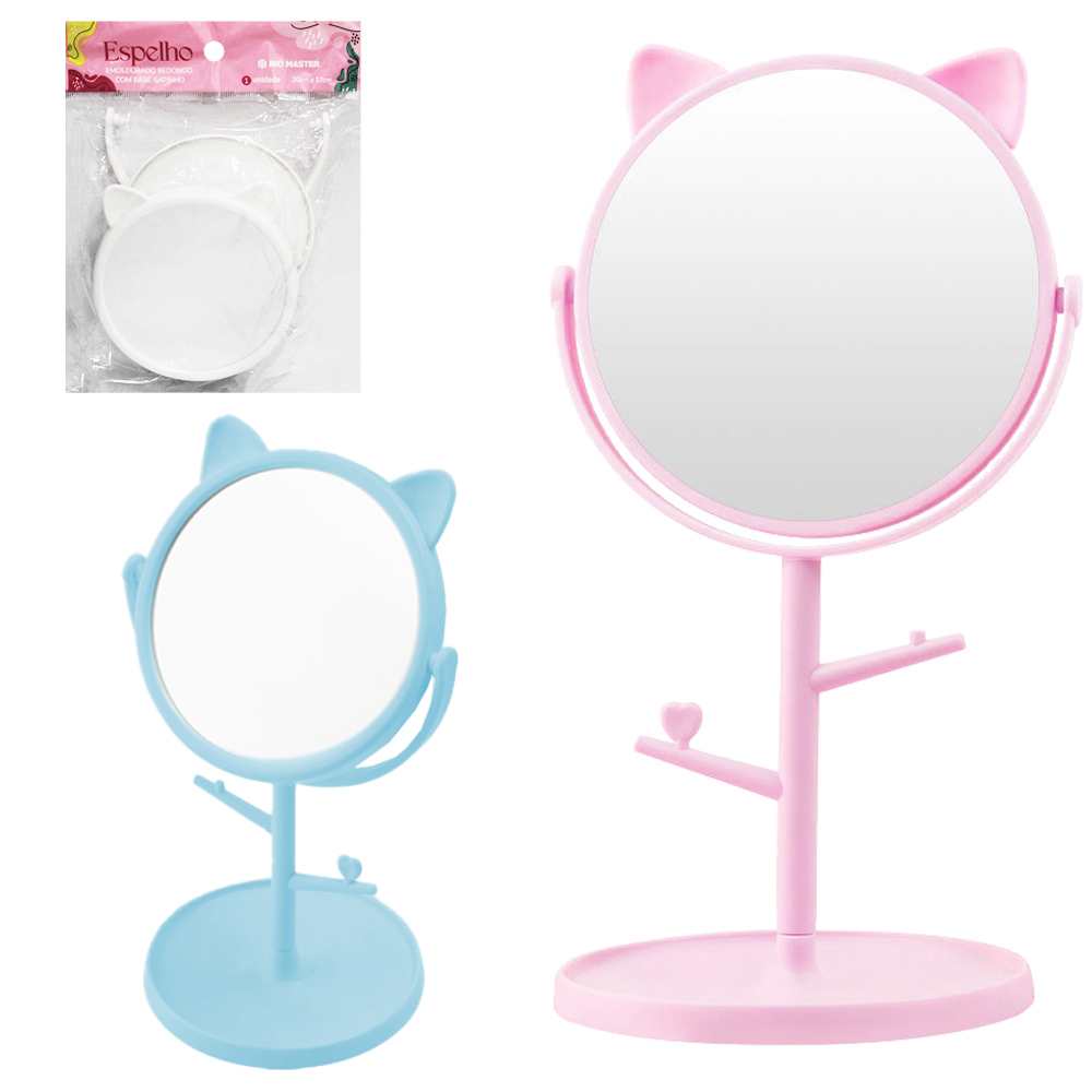 ESPELHO DE MESA REDONDO COM BASE PORTA JOIAS + 2 GANCHOS DE PLASTICO GATINHO 20X12X10CM
