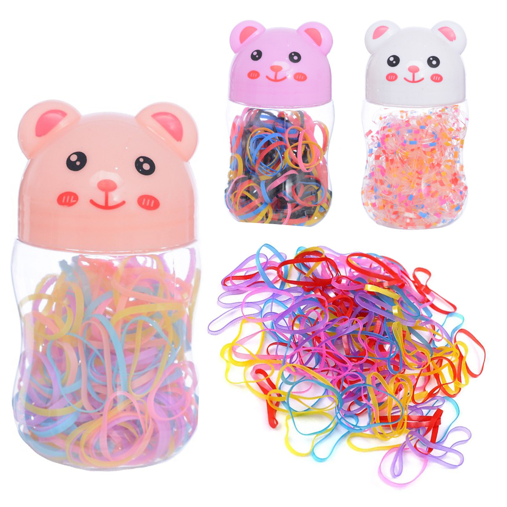 KIT ACESSORIOS PARA CABELO ELASTICO / RABICO DE SILICONE COM 100 PECAS 2CM DE Ø NO POTE BICHINHO