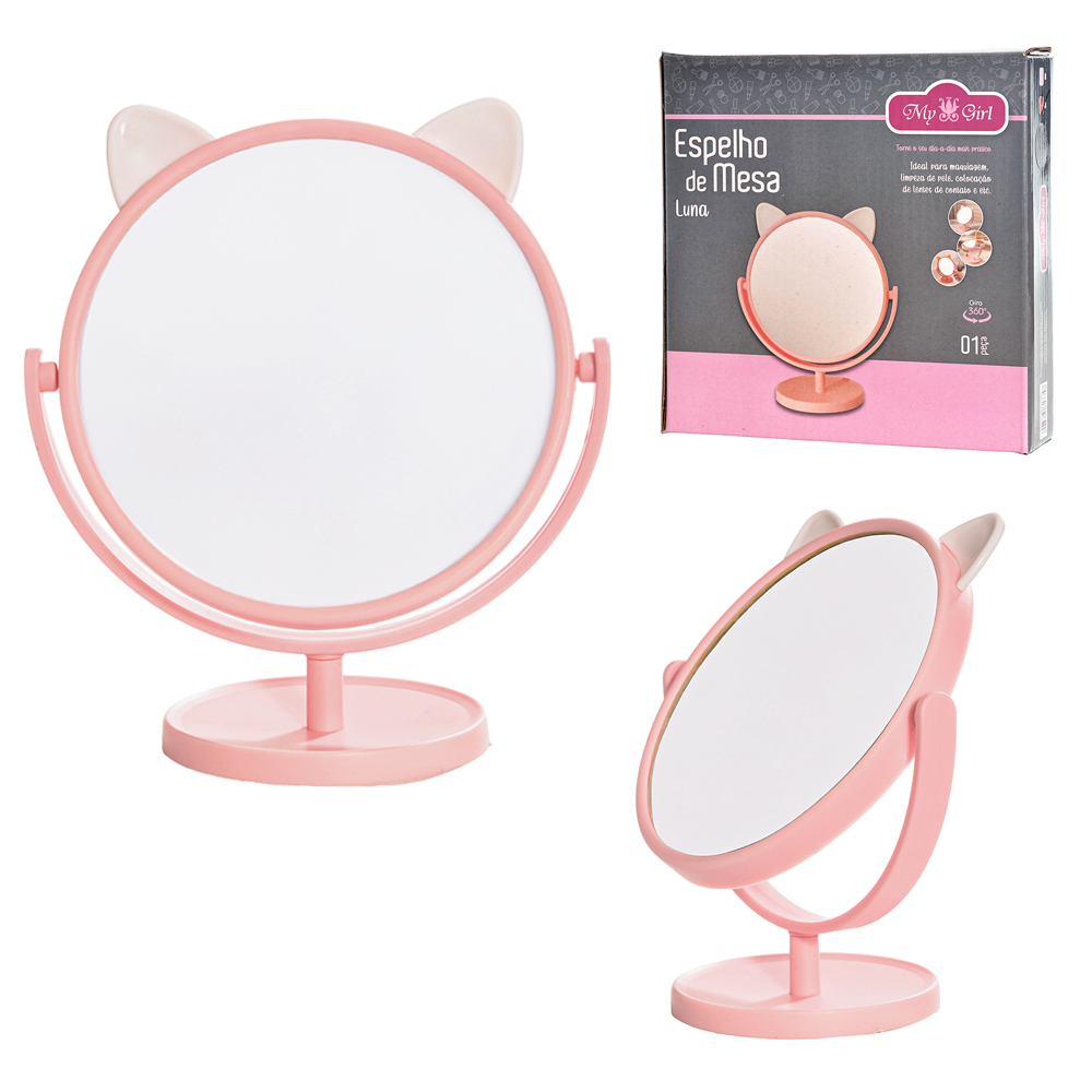 ESPELHO DE MESA REDONDO COM MOLDURA DE PLASTICO GATINHO 20,7X17,4X10CM