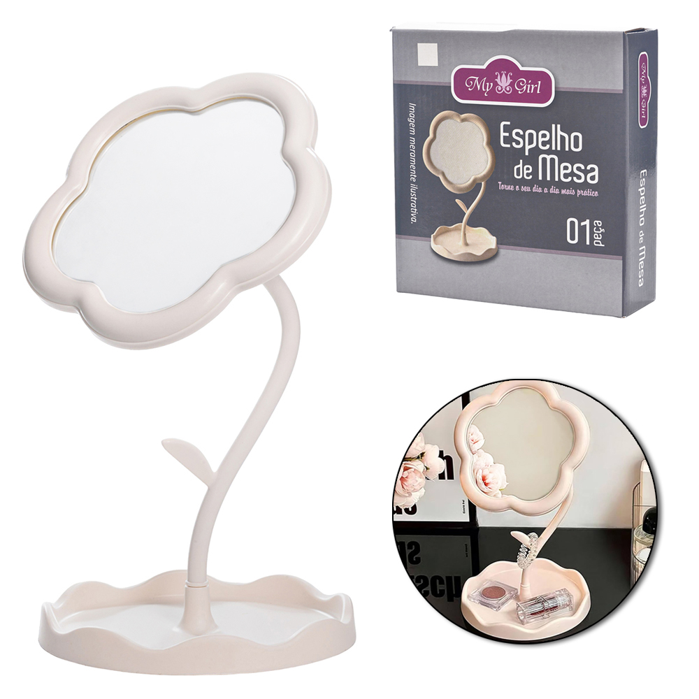 ESPELHO DE MESA FLOR COM BASE PORTA JOIAS + GANCHO DE PLASTICO 31X16X16CM