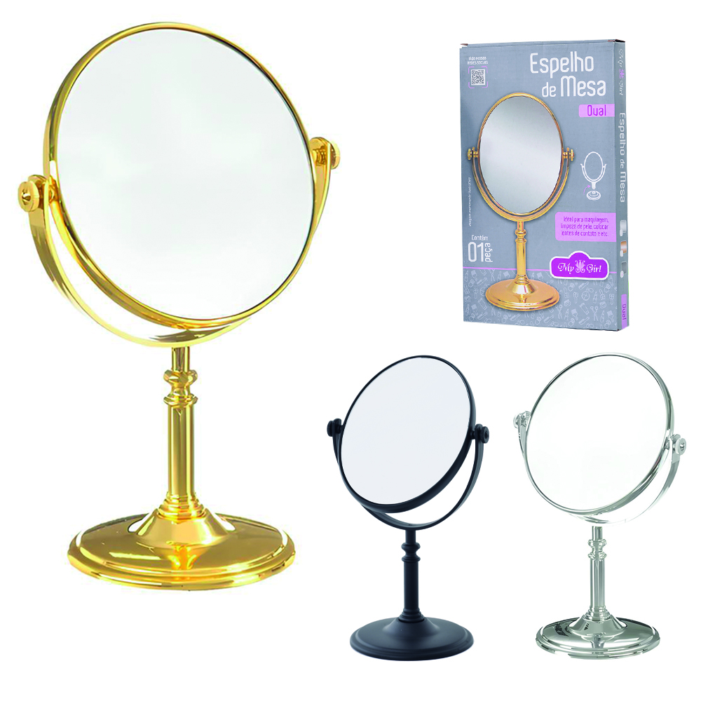 ESPELHO DE MESA OVAL DUPLA FACE COM PEDESTAL E AUMENTA DE PLASTICO 28,5X16CM