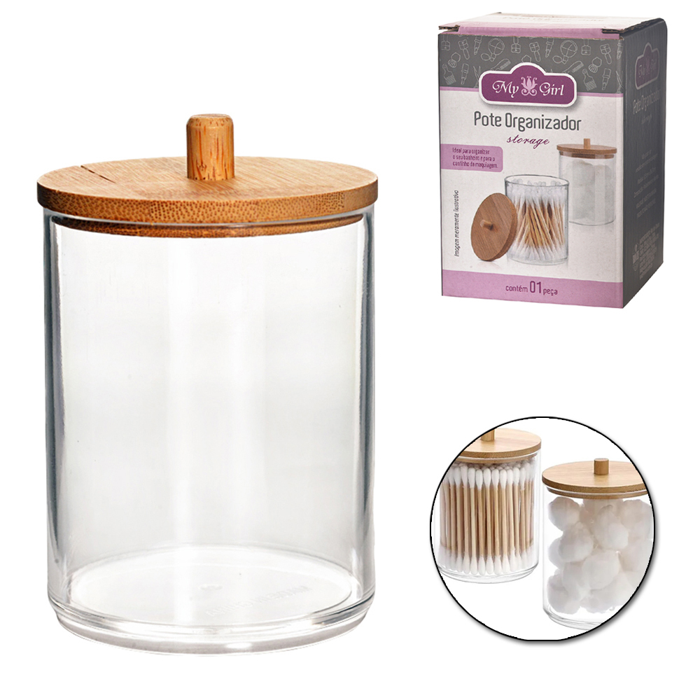 ORGANIZADOR PORTA COTONETE DE ACRILICO REDONDO COM TAMPA DE BAMBU 8,5X6,7CM DE Ø