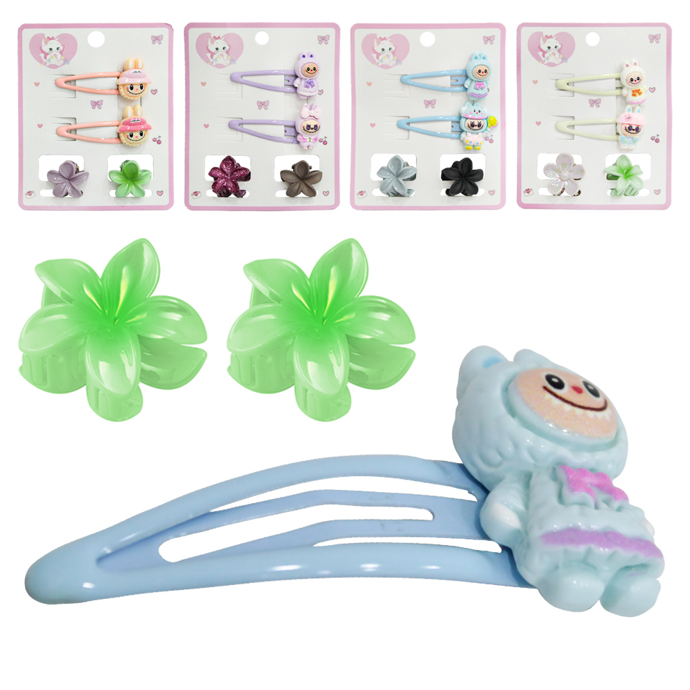 KIT ACESSORIOS PARA CABELO PRESILHA TIC TAC LABUBU + PIRANHA FLOR 4 PECAS