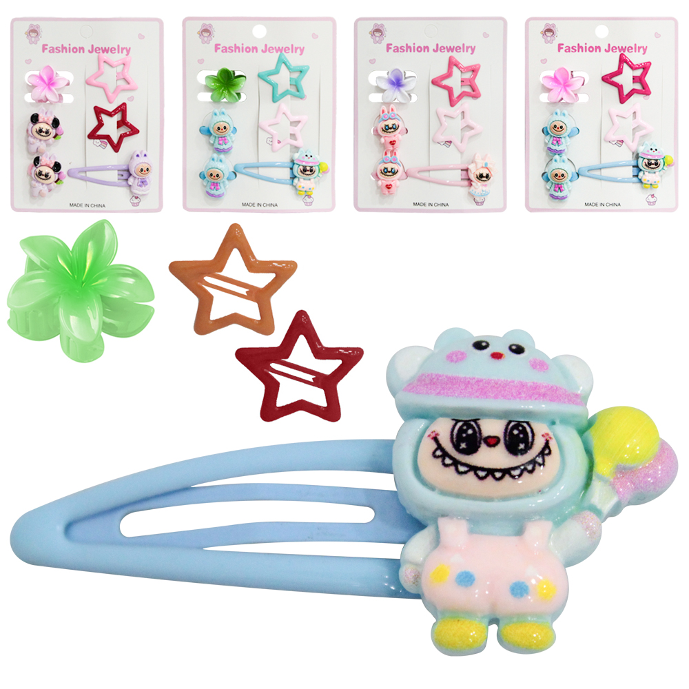 KIT ACESSORIOS PARA CABELO ELASTICO / RABICO + PRESILHA TIC TAC E PIRANHA LABUBU / ESTRELA / FLOR 6 PECAS