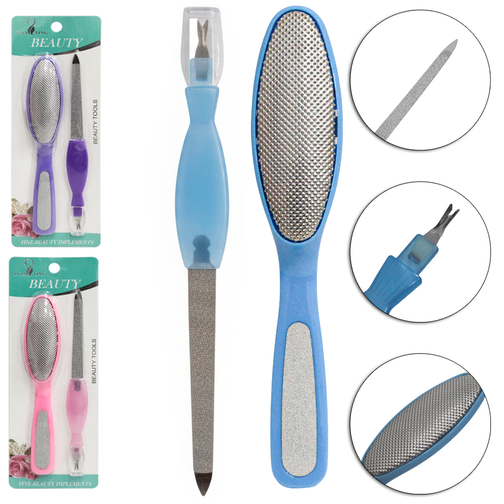 KIT MANICURE / PEDICURE COM LIXA DE METAL + ESPATULA DE CUTICULA CABO PLASTICO