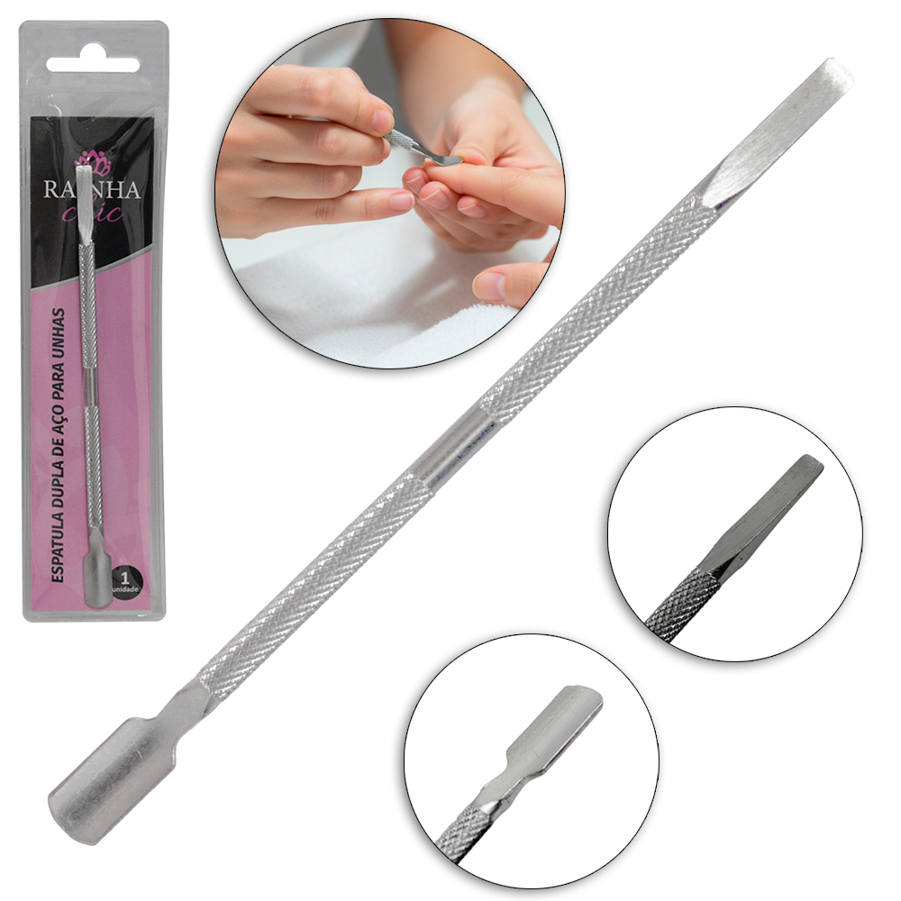 ESPATULA DE CUTICULA DUPLA DE INOX  RAINHA CHIC 12,5CM
