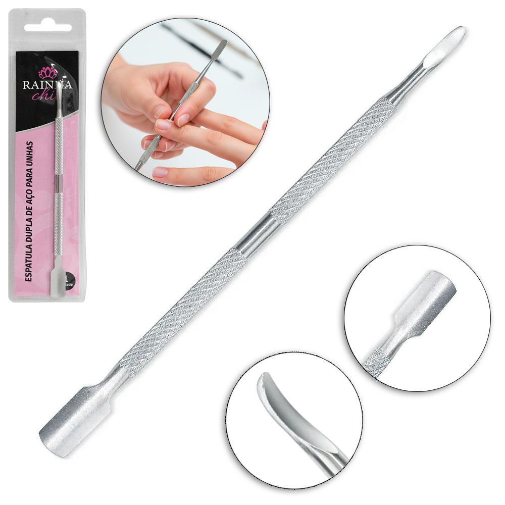 ESPATULA DE CUTICULA DUPLA  DE INOX RAINHA CHIC 12,5CM