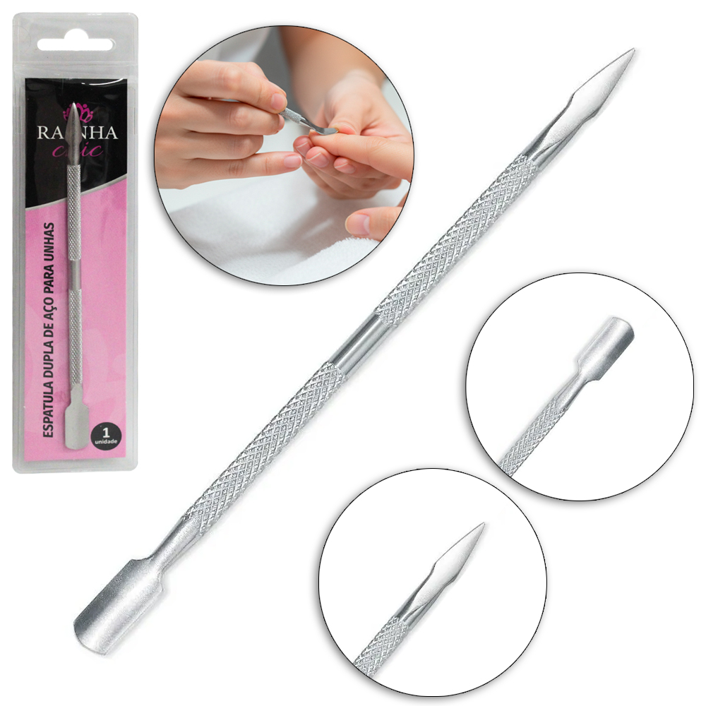 ESPATULA DE CUTICULA DUPLA DE INOX RAINHA CHIC 12,5CM