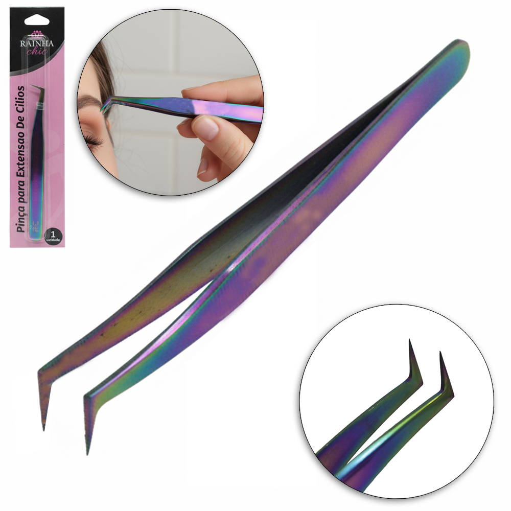 PINCA CURVA PARA ALONGAMENTO CILIOS DE INOX RAINHA CHIC CINTILANTE 12CM