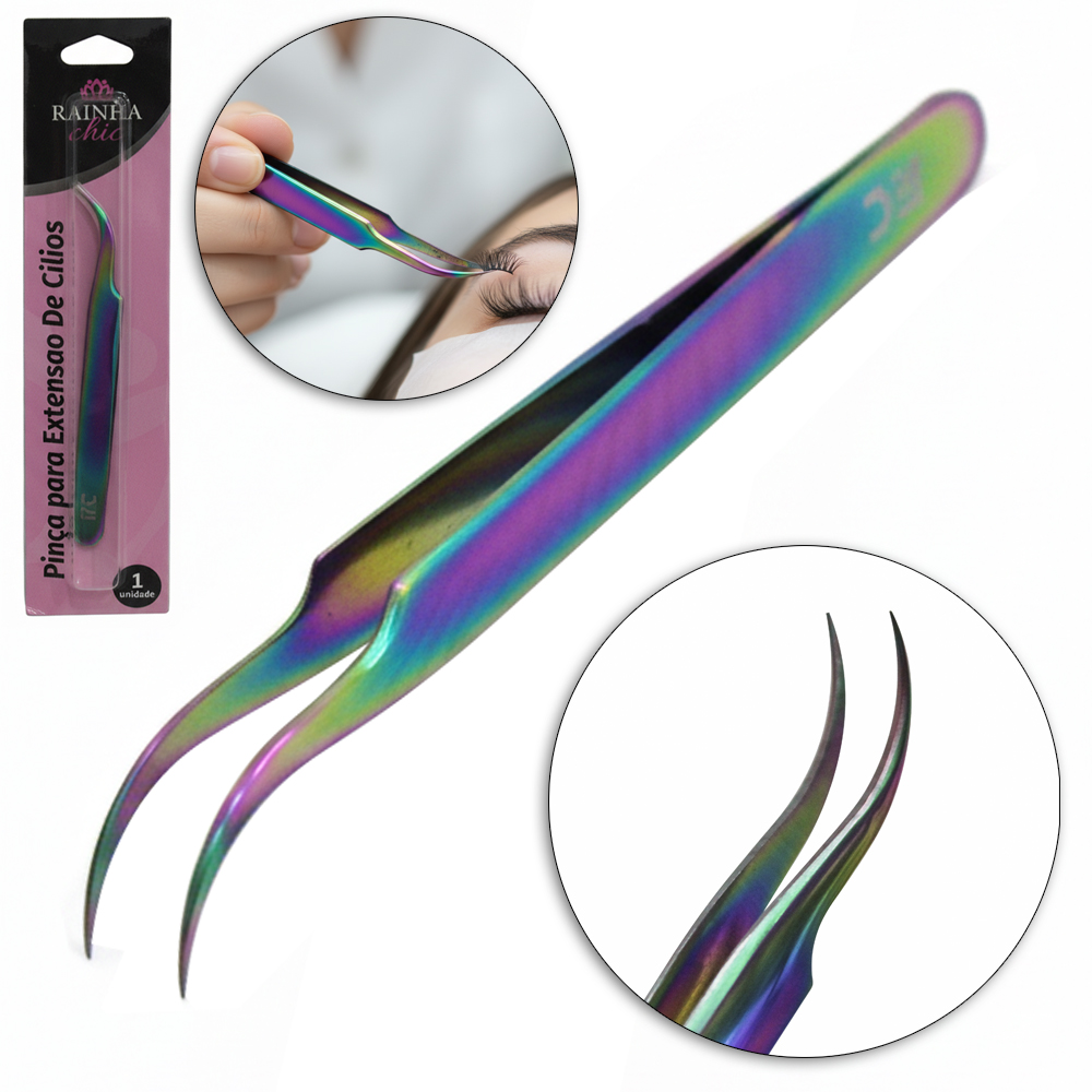 PINCA CURVA PARA ALONGAMENTO CILIOS DE INOX RAINHA CHIC CINTILANTE 11CM