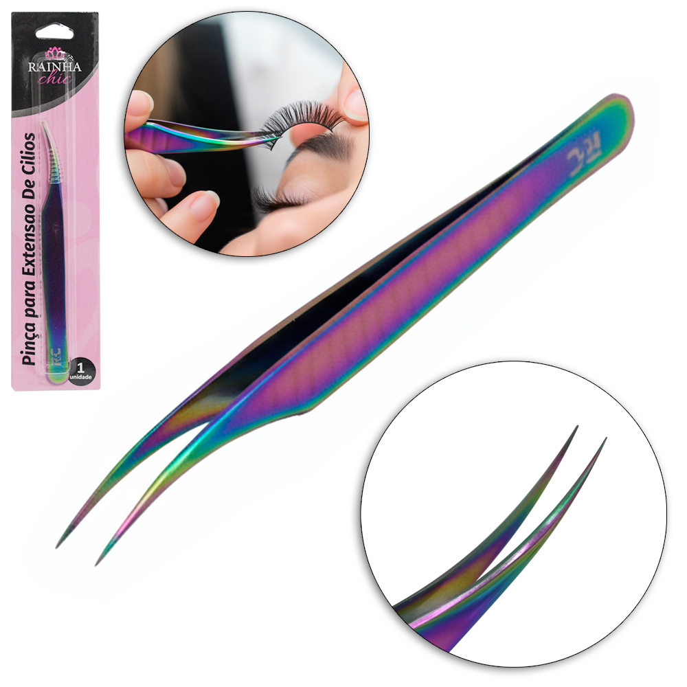 PINCA CURVA PARA ALONGAMENTO CILIOS DE INOX  RAINHA CHIC CINTILANTE 12,5CM