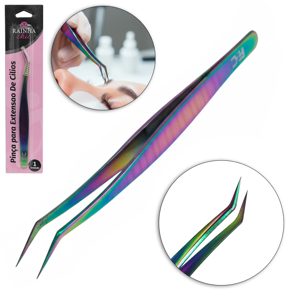 PINCA CURVA PARA ALONGAMENTO CILIOS DE INOX  RAINHA CHIC CINTILANTE 12,5CM