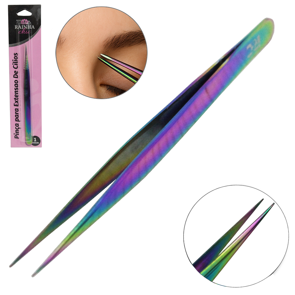 PINCA RETA PARA ALONGAMENTO CILIOS DE INOX RAINHA CHIC CINTILANTE 13CM