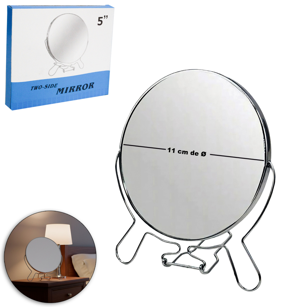 ESPELHO DE MESA REDONDO DUPLA FACE 5'' 11CM DE Ø COM PEDESTAL E AUMENTA ARAMADO